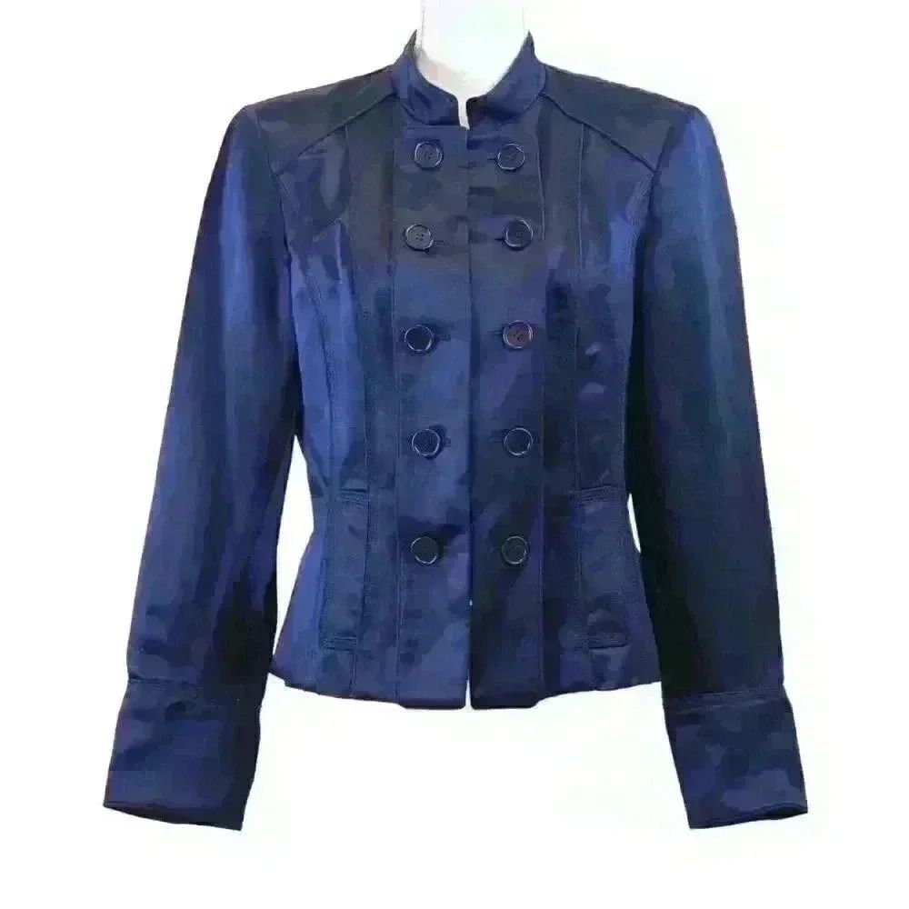 VINTAGE Calvin Klein Linen & Silk Midnight Blue Military Style Coat Size 12